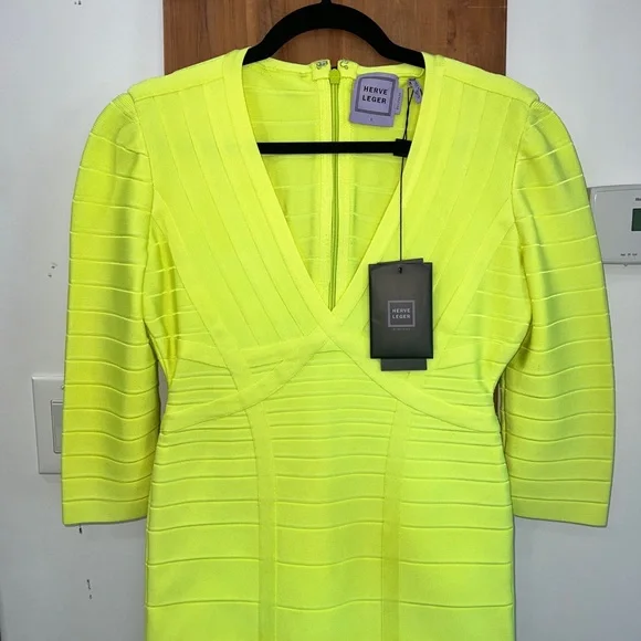 🆕 Hervé Leger Neon Yellow Nathalia Night Out Dress - Picture 4 of 12